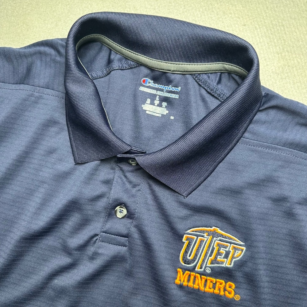 Champion UTEP Miners Polo Mens Large Navy Blue Embroidered Performance Shirt
